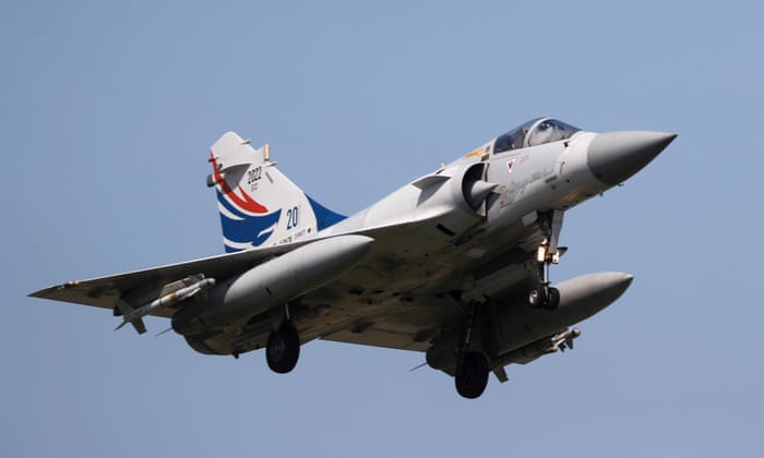 A Taiwanese Air Force Mirage 2000-5 fighter jet approaches an airbase for landing in Hsinchu, Taiwan.