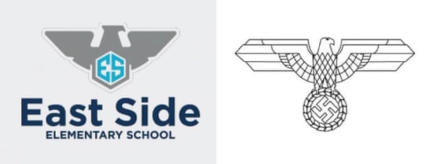 Left: A new logo for East Side Elementary School in Georgia’s Cobb county school district, which was retracted after parents noted similarities to the Nazi Eagle. Right: The Nazi eagle, which is used by neo-Nazis and white supremacist groups.