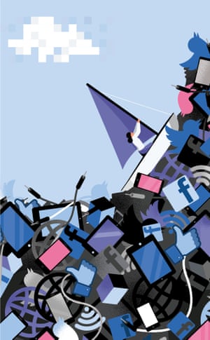 An illustration of a woman in a sailing boat riding a steep wave of digital symbols