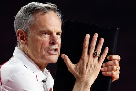 Nebraska coach John Cook, wearing his national championship ring, calls out a play to the team during the third set of Wednesday’s match.