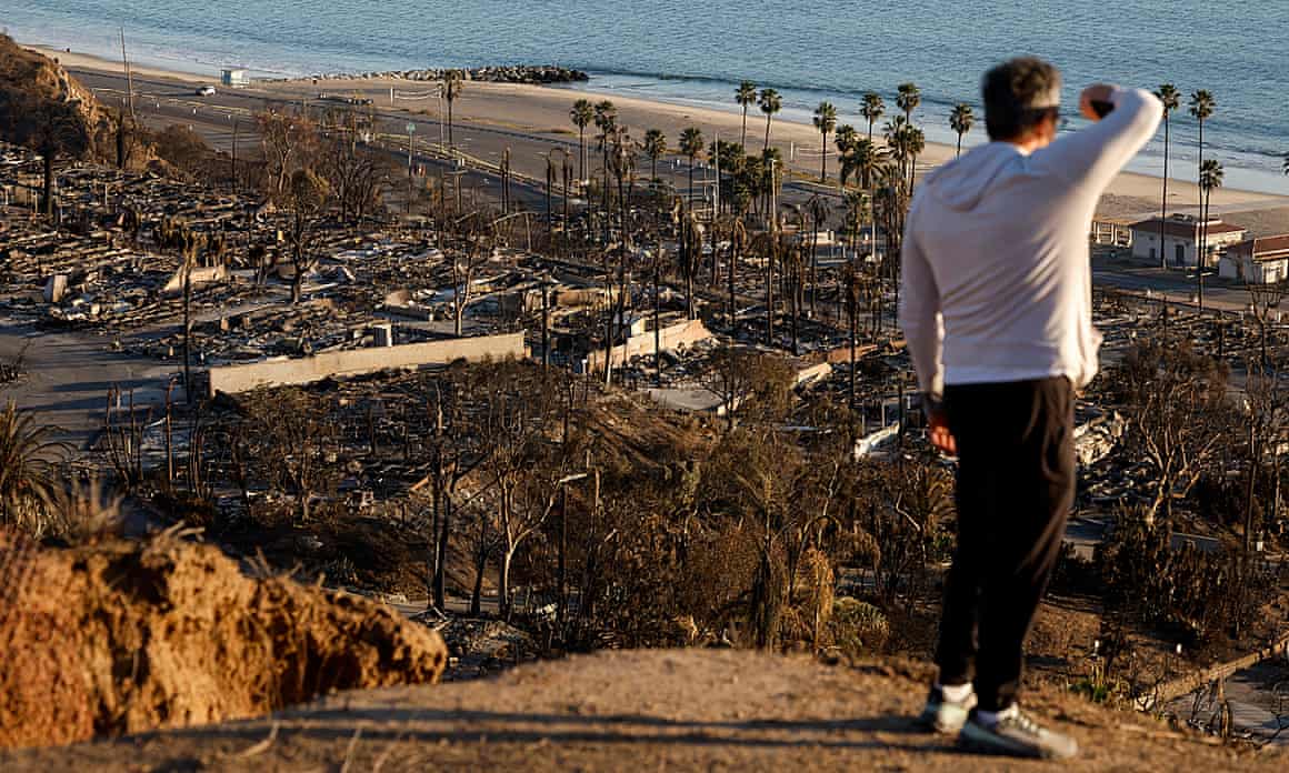 A person looks out over the remains of a burned-down neighborhood in the Pacific Palisades in Los Angeles, California