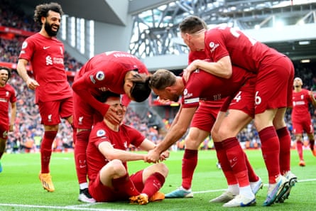 Diogo Jota of Liverpool celebrates after scoring his team’s fourth goal against Tottenham at Anfield in a breathless match that ended 4-3. Only 60 seconds earlier Richarlison had scored an equaliser for Spurs, who had been 3-0 down