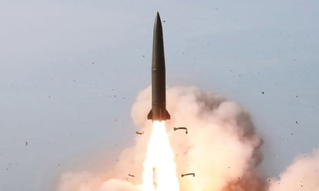 The launch of a missile in the east coast of North Korea.