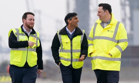 Rishi Sunak at Teesworks with the Tees Valley mayor, Ben Houchen (right), and the Redcar MP, Jacob Young, on 2 April 2024.