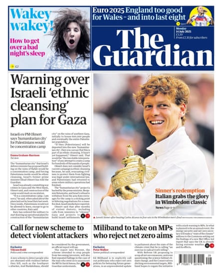 An image of Jannik Sinner with his Wimbledon trophy on the front page of the Guardian
