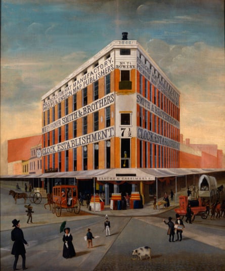 painting of a big red building and the street scene in front