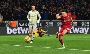 Liverpool’s Diogo Jota shoots at goal.