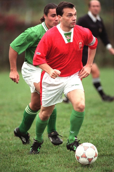 Orbán in 1998, then newly elected as Hungarian prime minister, on the pitch at a friendly match in the US.