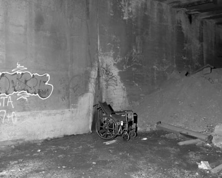A disgarded wheel chair in an underground track for LIRR where many homeless people sleep near Hudson Yards.