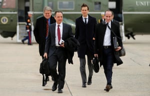 Senior adviser Steve Bannon, White House chief of staff Reince Priebus, Jared Kushner and Stephen Miller arrive to board Air Force One with U.S. President Donald Trump to travel to Michigan from Joint Base Andrews, Maryland. REUTERS/Jonathan Ernst