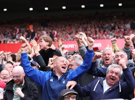 Nottingham Forest fans celebrate Dan Ndoye put their side ahead.