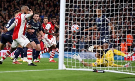 Thomas Partey puts Arsenal ahead in the first half against Aston Villa.