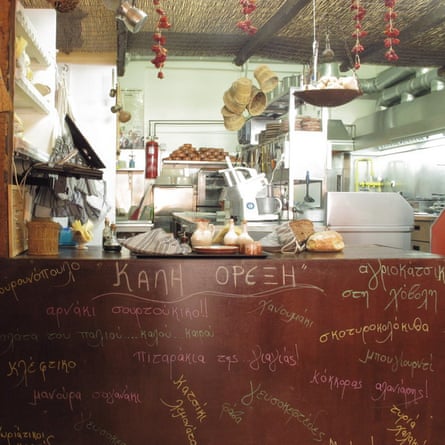 Kitchen and counter at O Hamos, Adamas, Greece.