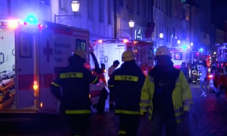 Emergency workers and vehicles in Ansbach town centre after the explosion