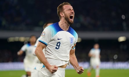 Harry Kane celebrates scoring the penalty that made him England’s all-time record goalscorer, against Italy in Naples in 2023.