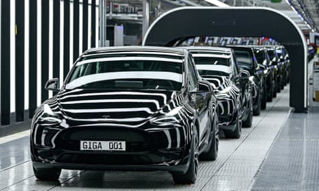 Tesla Model Y cars at its factory in Gruenheide, Germany