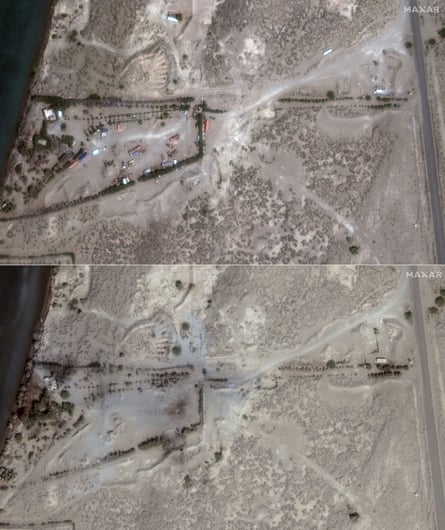 A satellite picture of a facility along the Yemen coast in 2021, and below it a picture showing the precision of how buildings were wiped out after air strikes by the US and UK on 12 January