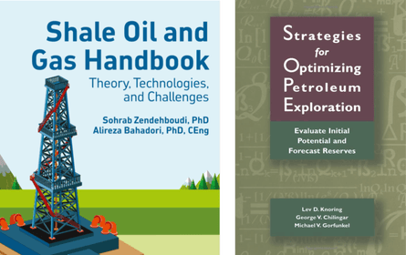 Two book cover images are shown side by side. The one on the left shows an illustration of an oil rig in a field with the title “Shale Oil and Gas Handbook: Theory, Technologies and Challenges”. The one on the right has the title text “Strategies for Optimizing Petroleum Exploration” in a maroon-colored box on a sage green background.