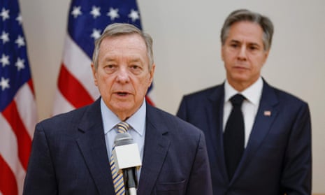 US Senator Dick Durbin (L), with Secretary of State Antony Blinken, speaks after a roundtable discussion with leaders from the Ukrainian diaspora, at the Ukrainian Cultural Center in Chicago, Illinois, on January 20, 2023.
