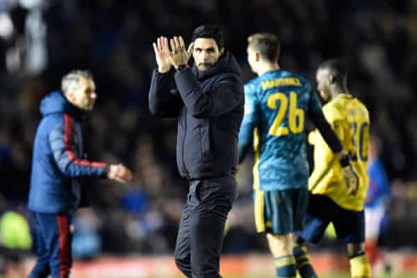 Mikel Arteta after Arsenal’s FA Cup win at Portsmouth on 2 March, a week before the Arsenal manager first felt unwell