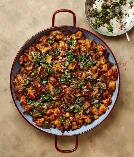 Yotam Ottolenghi’s apricot and pecan stuffing with green sauce.