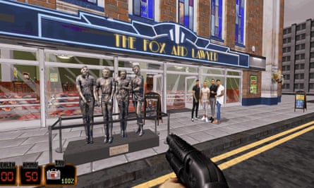 ‘You'll be able to blow cyborg Thatcher up with a rocket launcher’: the video video games lampooning Britain’s cursed politics | Video games 3 Referencing weirder extremes of the news cycle … the four lads in jeans statue in Duke Smoochem 3D.