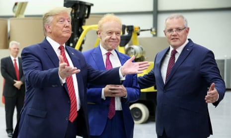 Donald Trump, Anthony Pratt (centre) and Scott Morrison at Pratt plant opening in Wapakoneta, Ohio.