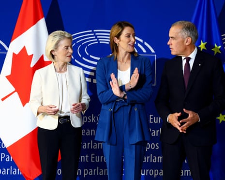 Canadian prime minister Mark Carney is welcomed by European Commission President Ursula von der Leyen, and Roberta Metsola, President of the European Parliament.