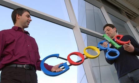 Google co-founders Larry Page, left, and Sergey Brin at their company’s headquarters in Mountain View, California in 2004.