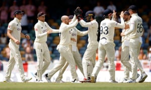 West Indies v England: second Test, day three – live! | Sport 1 Jack Leach celebrates with Ben Foakes after taking the wicket of West Indies’ Shamarh Brooks .