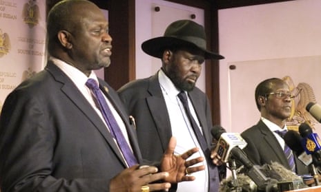 Riek Machar and Salva Kiir at a press conference last week