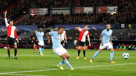Manchester City’s Gabriel Jesus ignores the appeals for offside to score their third goal.