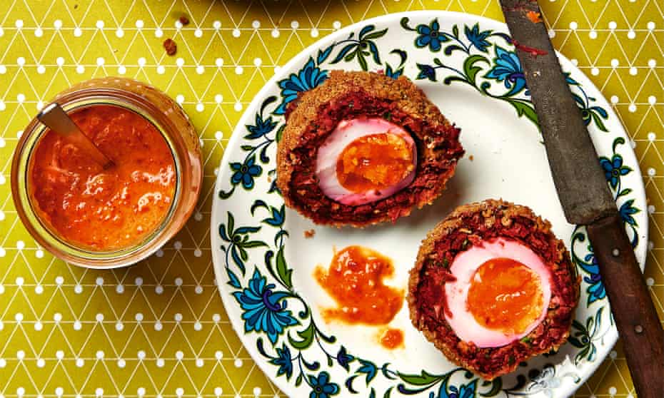 Thomasina Miers’ smoky beetroot scotch egg with piquillo relish.
