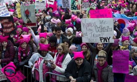 Protesters in pussyhats take part in the Women’s March in Washington