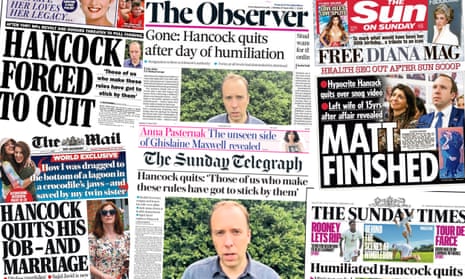 The front pages of the Sunday papers covering Matt Hancock’s resignation.