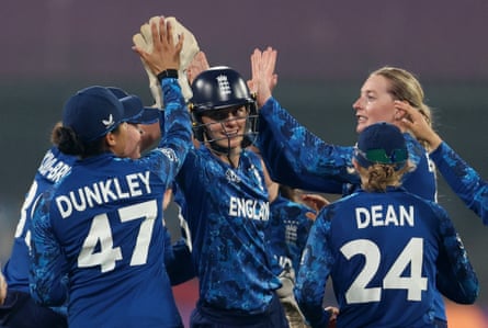 England celebrate after the wicket of India’s Deepti Sharma