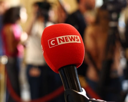 A CNews microphone is seen at the Assembly in Paris