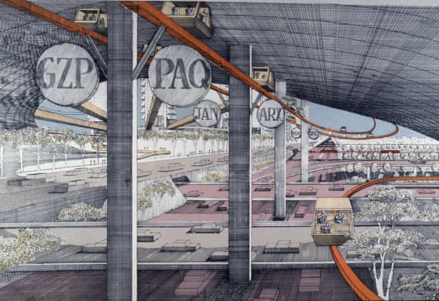 Paul Rudolph’s plan for the Lower Manhattan Expressway, with accompanying monorail, from the documentary Citizen Jane.