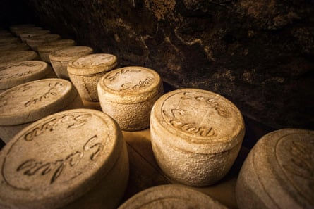 Large circular slabs of cantal cheese sit on a surface in a darkened cellar.