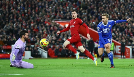 Liverpool give Kiernan Dewsbury-Hall the freedom of Anfield to put Leicester ahead.