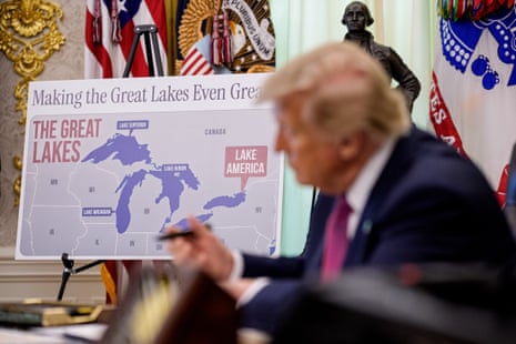 A map labeling Lake Ontario as “Lake America” was displayed in the Oval Office on Thursday as Donald Trump signed an executive order amid the ongoing trade war he started with Canada.