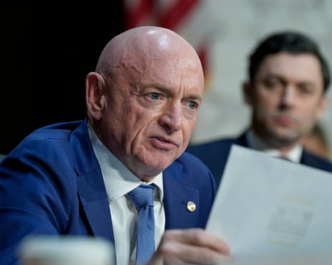 Mark Kelly asks questions during the Senate intelligence committee hearings to examine worldwide threats on 18 March 2026.