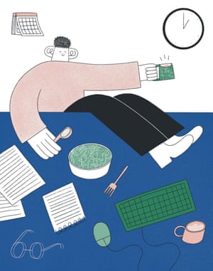 Preserve clear and preserve your distance: the brand new guidelines of office etiquette | The brand new guidelines of labor 2 Colleague eating at his desk surrounded by paper and work - illustration