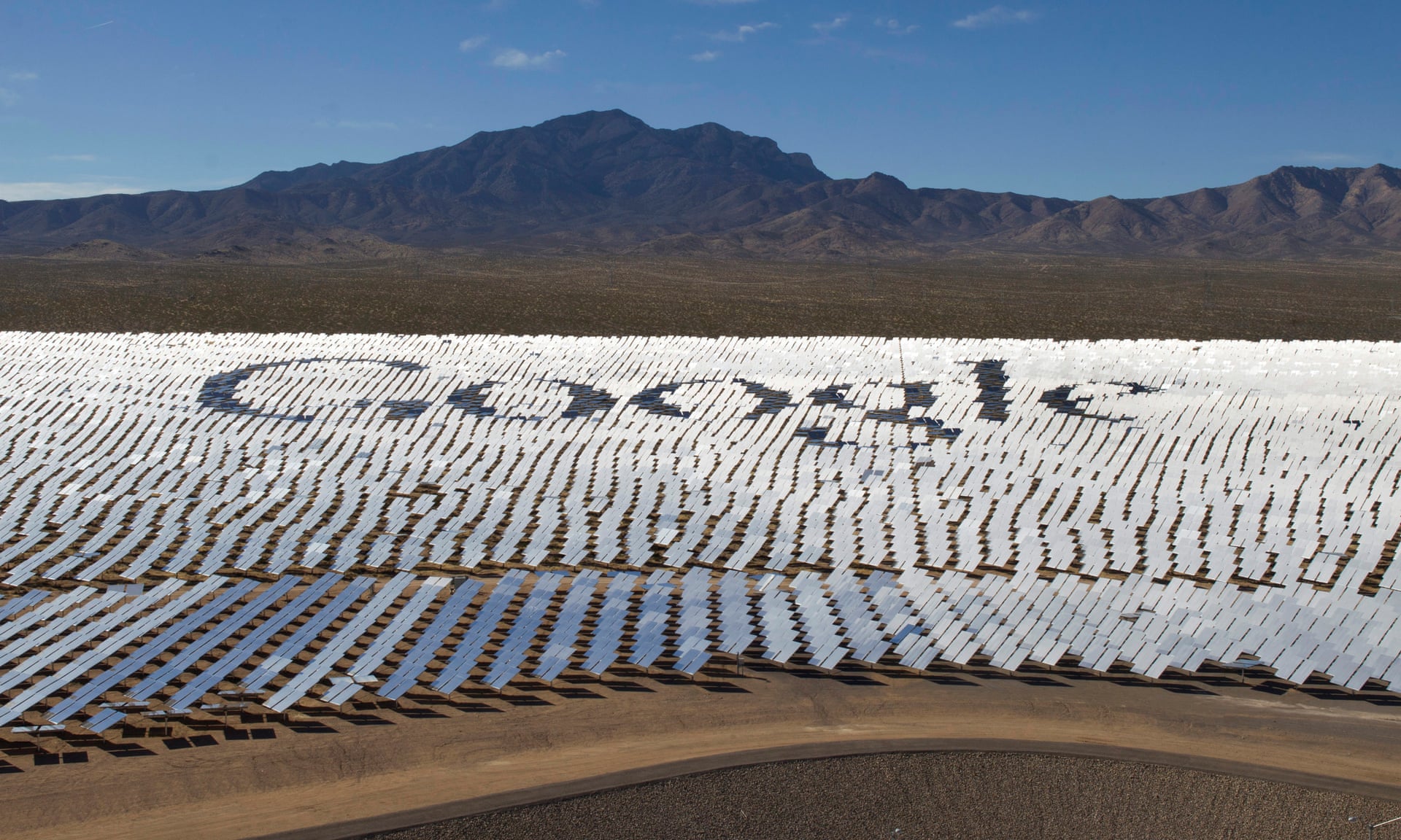 The Google logo is spelled out in heliostats (mirrors that reflect sunlight) at the Ivanpah solar electric generating system in the Mojave Desert near the California-Nevada border. Photograph: Steve Marcus/Reuters