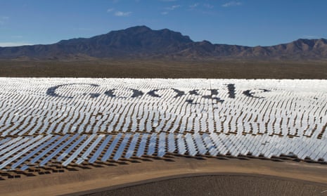 The Google logo is spelled out in heliostats (mirrors that reflect sunlight) at the Ivanpah solar electric generating system in the Mojave Desert near the California-Nevada border.