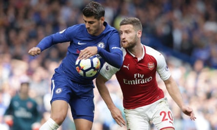 Chelsea’s Álvaro Morata and Shkodran Mustafi of Arsenal battle for possession.