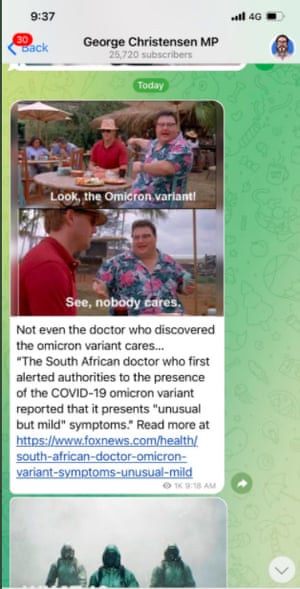Screenshot of a message from George Christensen in his Telegram group. He shares a meme from Jurassic Park with the subtitle "Look, the Omicron variant! See, nobody cares". In the message, he says that "not even the doctor who discovered the omicron variant cares" and shares the link to a  Fox News article.