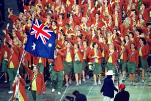 The Australian Olympic Team parade around the Olympic Stadium.