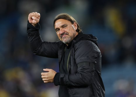 Leeds United manager Daniel Farke celebrates after his side’s victory over Everton.