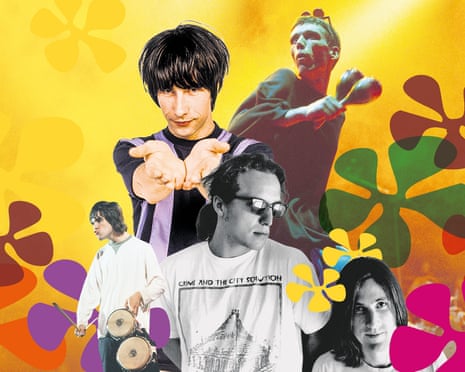 Flowered up … (clockwise from left) Ian Brown from the Stone Roses, Bobby Gillespie of Primal Scream, Bez of the Happy Mondays and the Beloved.